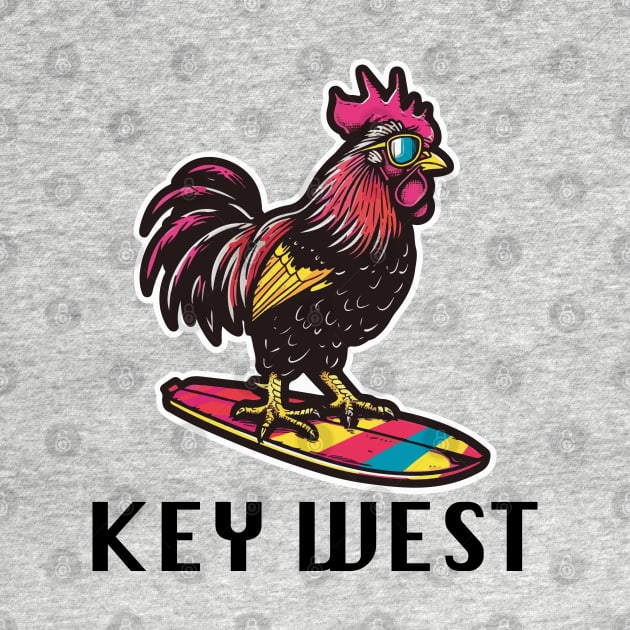 Key West Florida - Surfing Rooster (with Black Lettering) by VelvetRoom